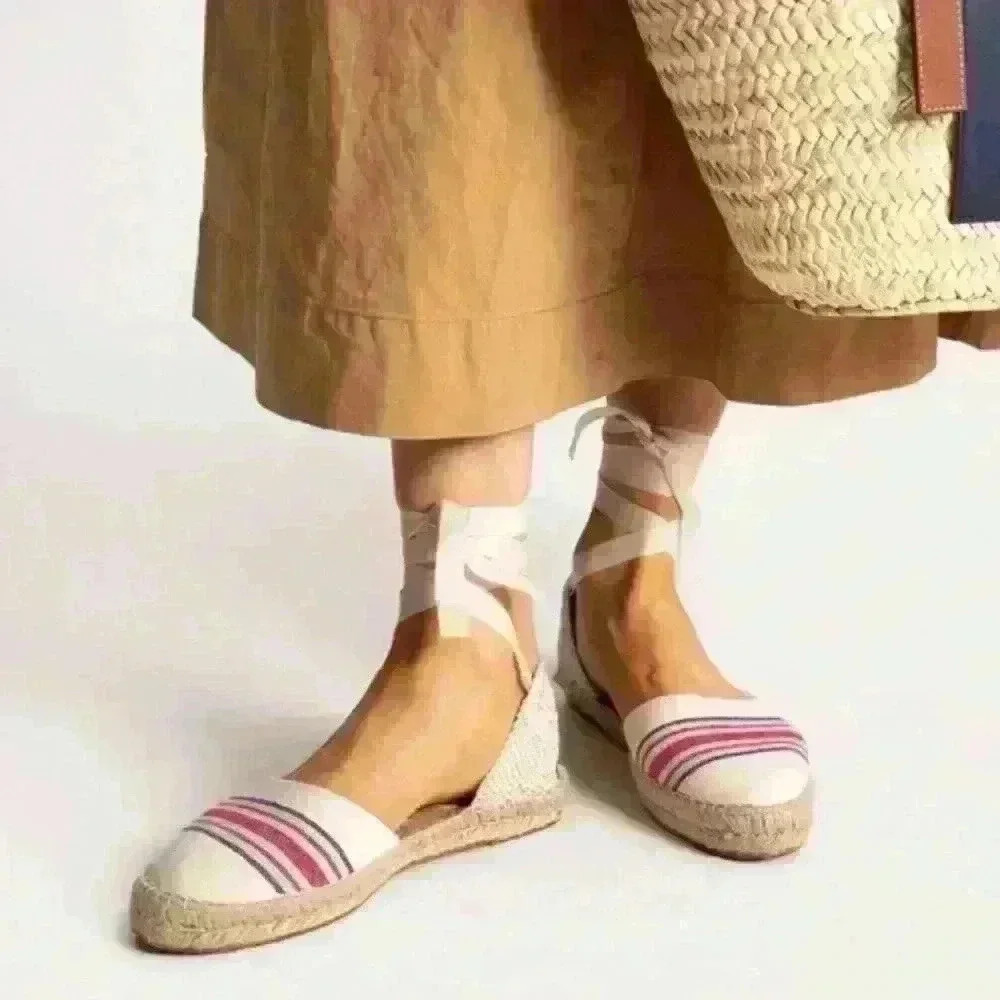 Manebi Hamptons Striped Canvas Espadrilles With Ankle Ties In Tan Size 39/9 NWOT
